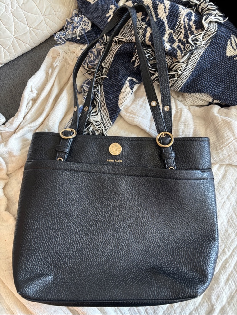EUC Anne Klein Black Pebbled Leather Tote with Gold Accents